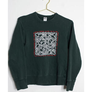 Keith Haring Red White Artwork Green Pullover Sweater - XXS
